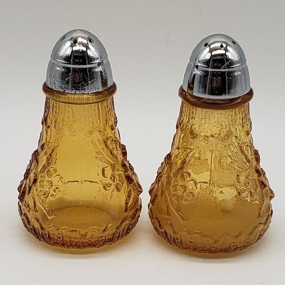 Viking Vintage Amber Glass Daisy Flowers Chrome Lid Salt & Pepper Shaker Set - Picture 7 of 11